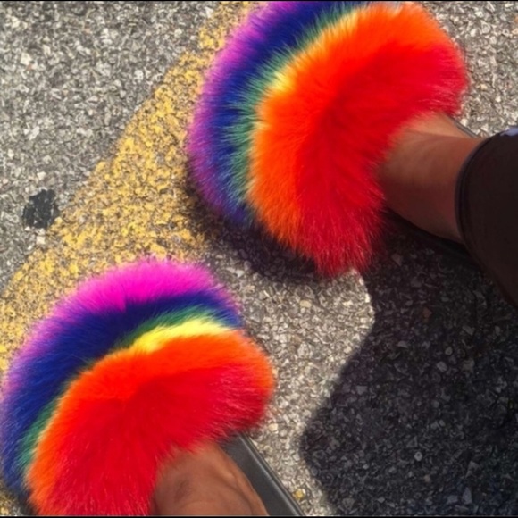 rainbow fur slides with strap